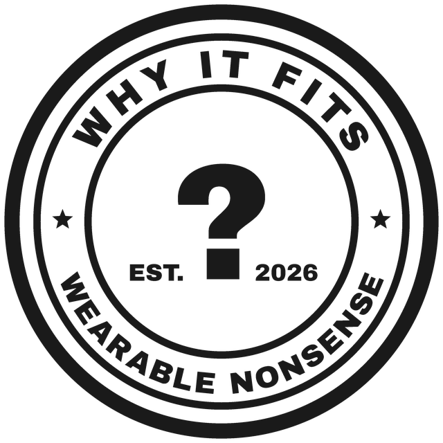 Why It Fits round badge logo with a big question mark: Wearable Nonsense, est. 2026