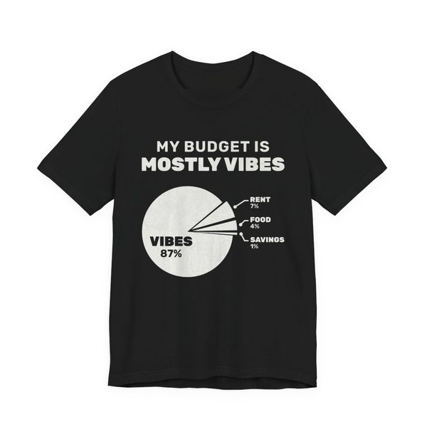 Black t-shirt printed in off-white ink with “My Budget Is Mostly Vibes” above a pie chart: vibes 87%, rent 7%, food 4%, savings 1%