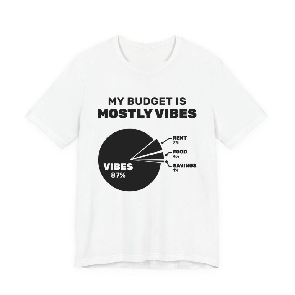White t-shirt printed in dark ink with “My Budget Is Mostly Vibes” above a pie chart: vibes 87%, rent 7%, food 4%, savings 1%