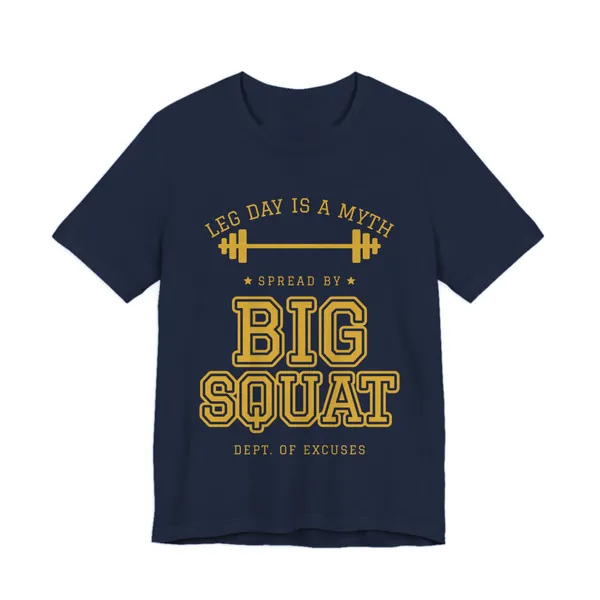 Leg Day Is a Myth Spread by Big Squat tee printed in gold ink on a navy shirt