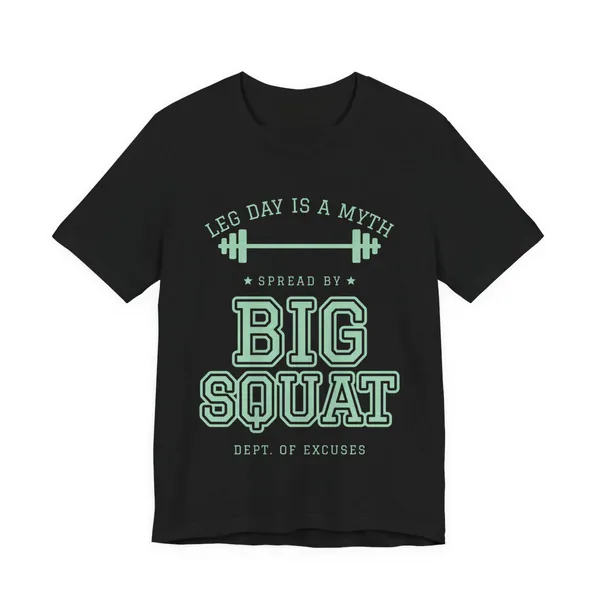 Leg Day Is a Myth Spread by Big Squat tee printed in mint green ink on a black shirt