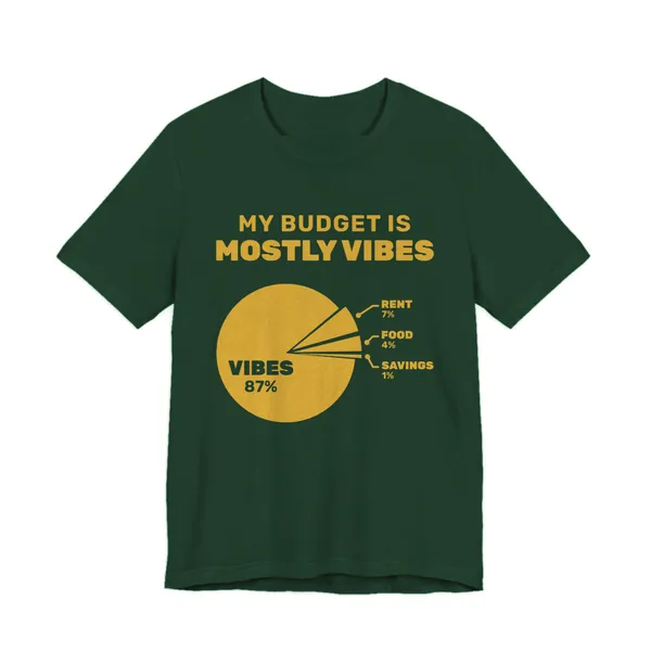 My Budget Is Mostly Vibes tee printed in gold ink on a forest shirt