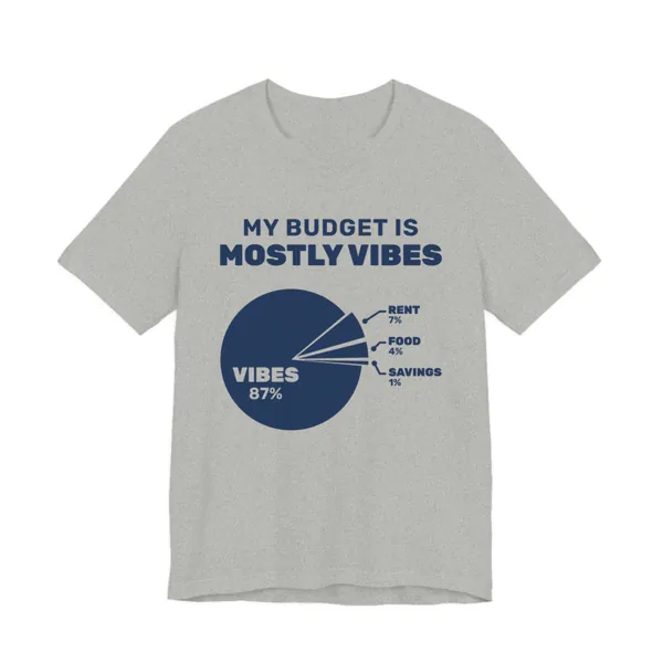 My Budget Is Mostly Vibes tee printed in navy blue ink on a athletic heather shirt