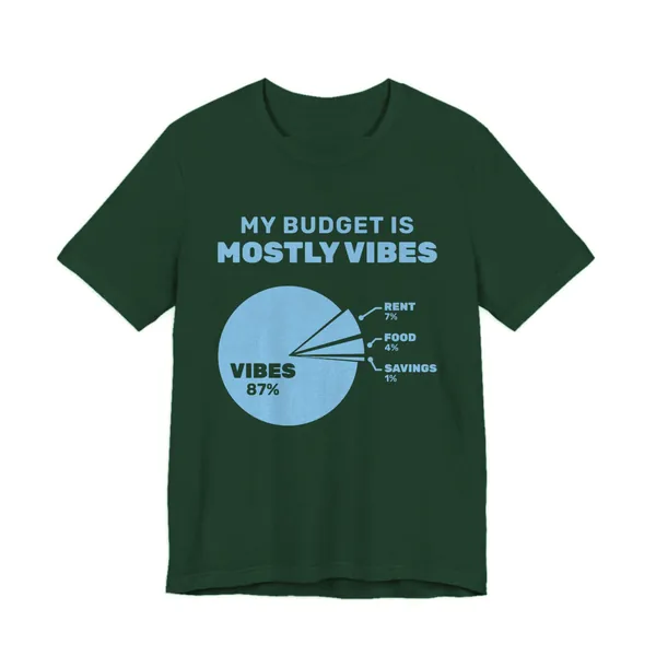 My Budget Is Mostly Vibes tee printed in sky blue ink on a forest shirt