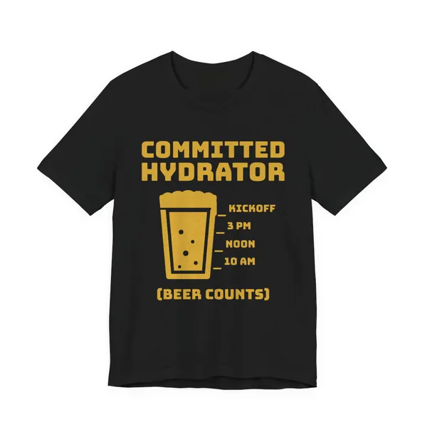 Committed Hydrator (Beer Counts) tee printed in gold ink on a black shirt