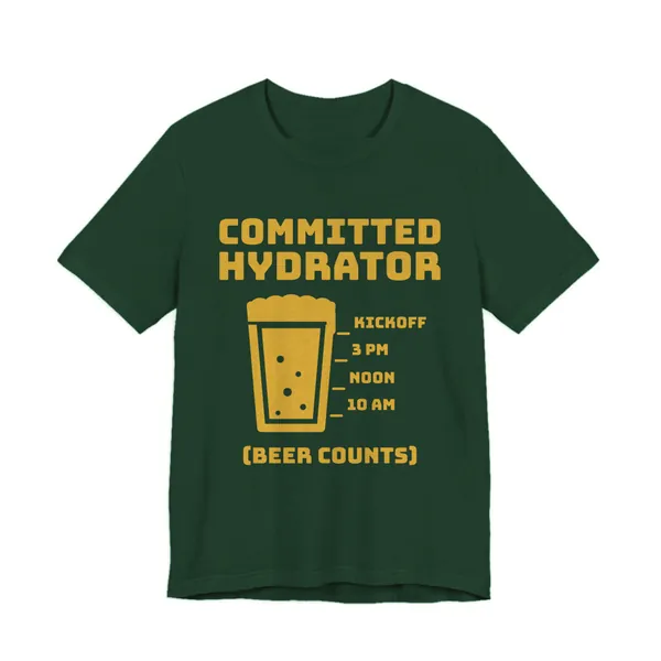 Committed Hydrator (Beer Counts) tee printed in gold ink on a forest shirt