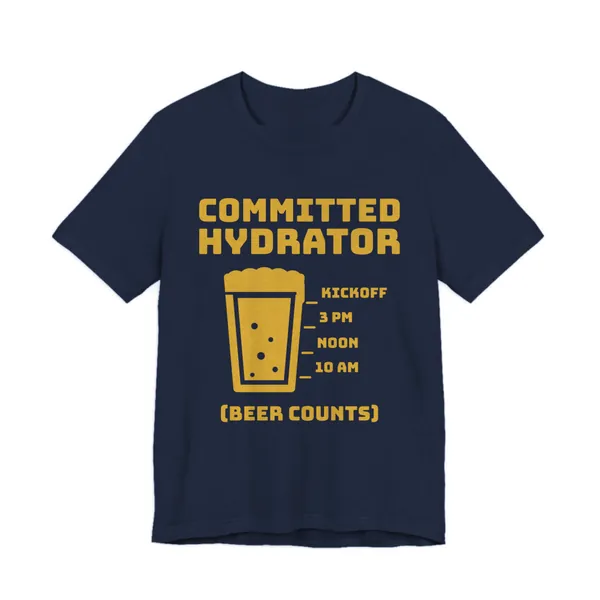 Committed Hydrator (Beer Counts) tee printed in gold ink on a navy shirt