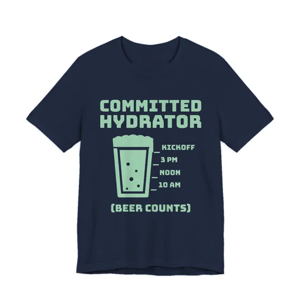 Committed Hydrator (Beer Counts) tee printed in mint green ink on a navy shirt