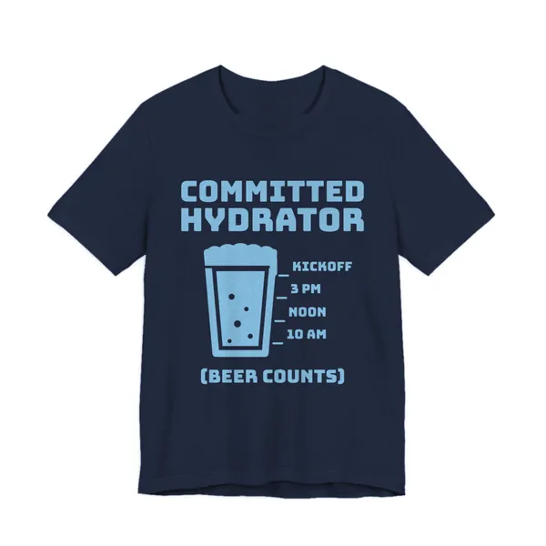 Committed Hydrator (Beer Counts) tee printed in sky blue ink on a navy shirt