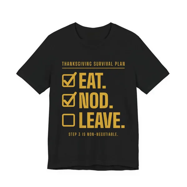 Eat. Nod. Leave. tee printed in gold ink on a black shirt
