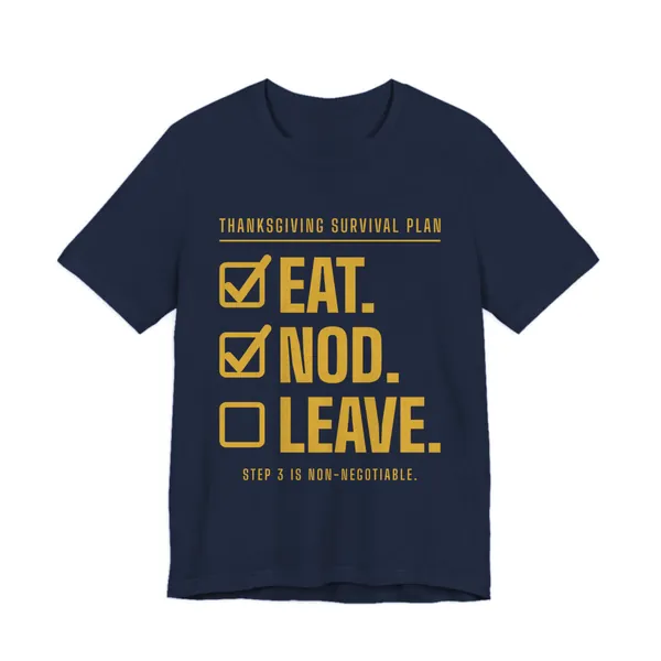 Eat. Nod. Leave. tee printed in gold ink on a navy shirt