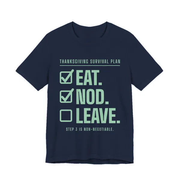 Eat. Nod. Leave. tee printed in mint green ink on a navy shirt