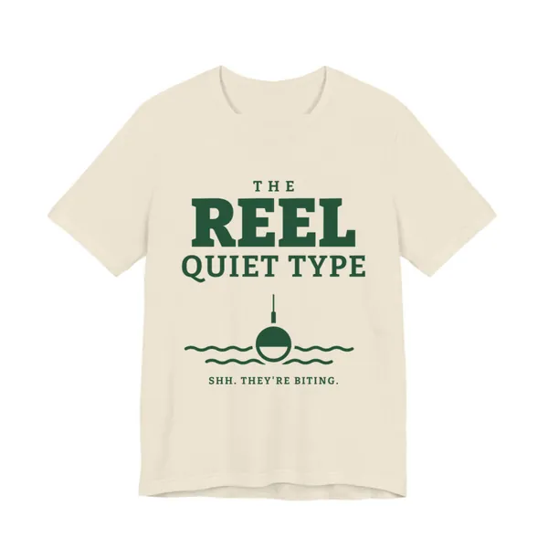 The Reel Quiet Type tee printed in forest green ink on a natural shirt