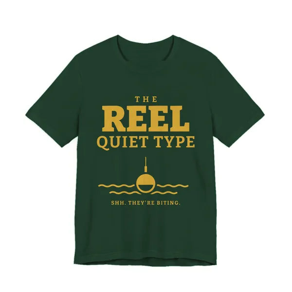 The Reel Quiet Type tee printed in gold ink on a forest shirt