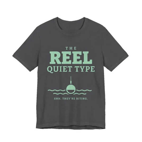 The Reel Quiet Type tee printed in mint green ink on a dark grey heather shirt