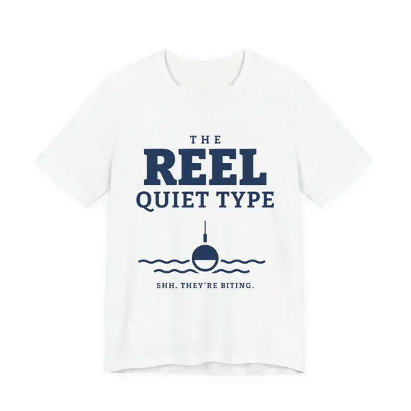 The Reel Quiet Type tee printed in navy blue ink on a white shirt