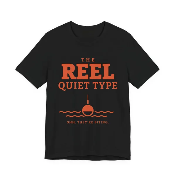 The Reel Quiet Type tee printed in orange ink on a black shirt