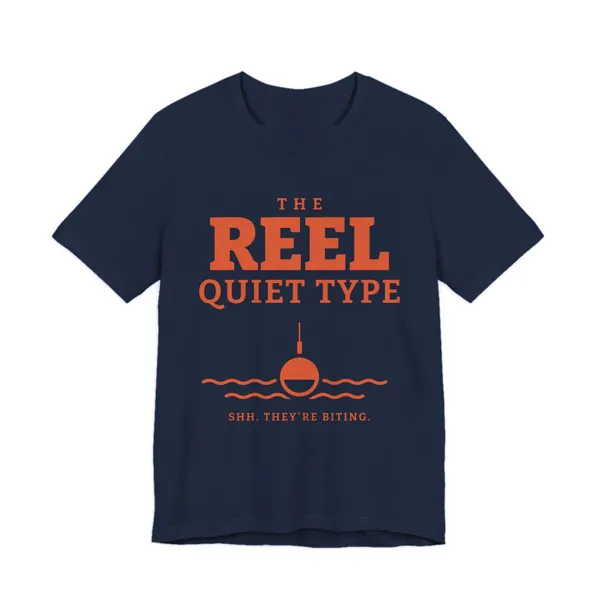 The Reel Quiet Type tee printed in orange ink on a navy shirt