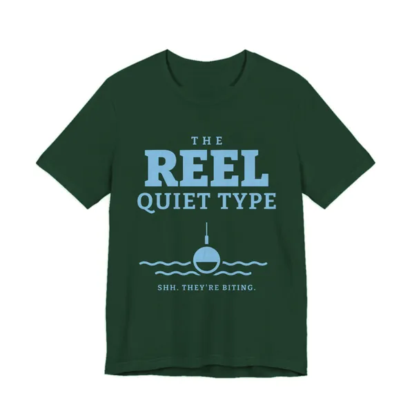 The Reel Quiet Type tee printed in sky blue ink on a forest shirt