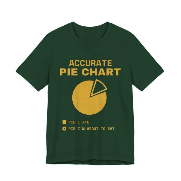 Forest t-shirt printed in gold ink with a pie chart labeled “Pie I ate” and “Pie I'm about to eat” under the words “Accurate Pie Chart”