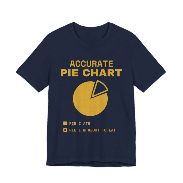 Navy t-shirt printed in gold ink with a pie chart labeled “Pie I ate” and “Pie I'm about to eat” under the words “Accurate Pie Chart”